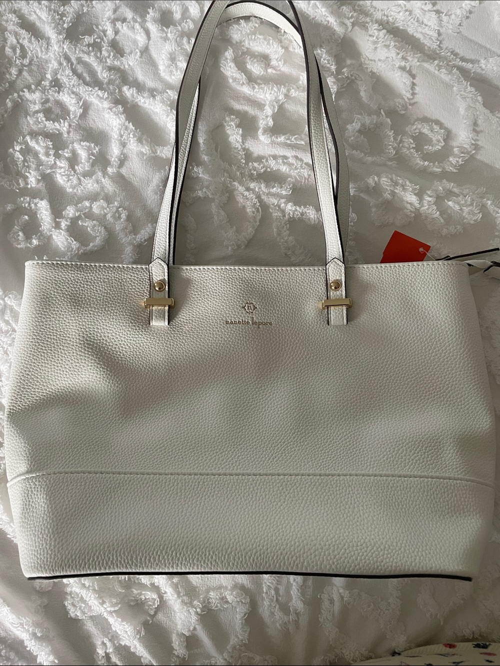 Nanette Lepore White Pebbled Leather Like Tote with Gold Accents